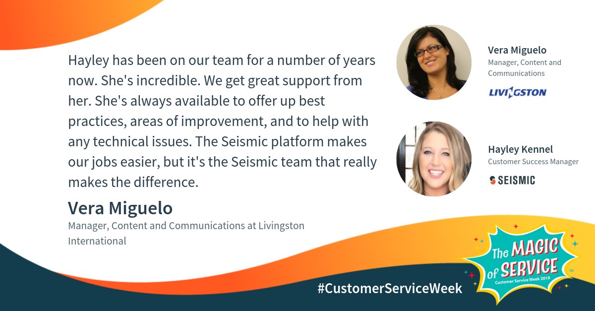 SeismicSoftware's tweet photo. The final day of #CustomerServiceWeek brings one more #CSSpotlight, with Vera Miguelo and @livingston_intl working with Hayley Kennel to get best practices and improvement for their Seismic experience! https://t.co/QZLkTaVC9I