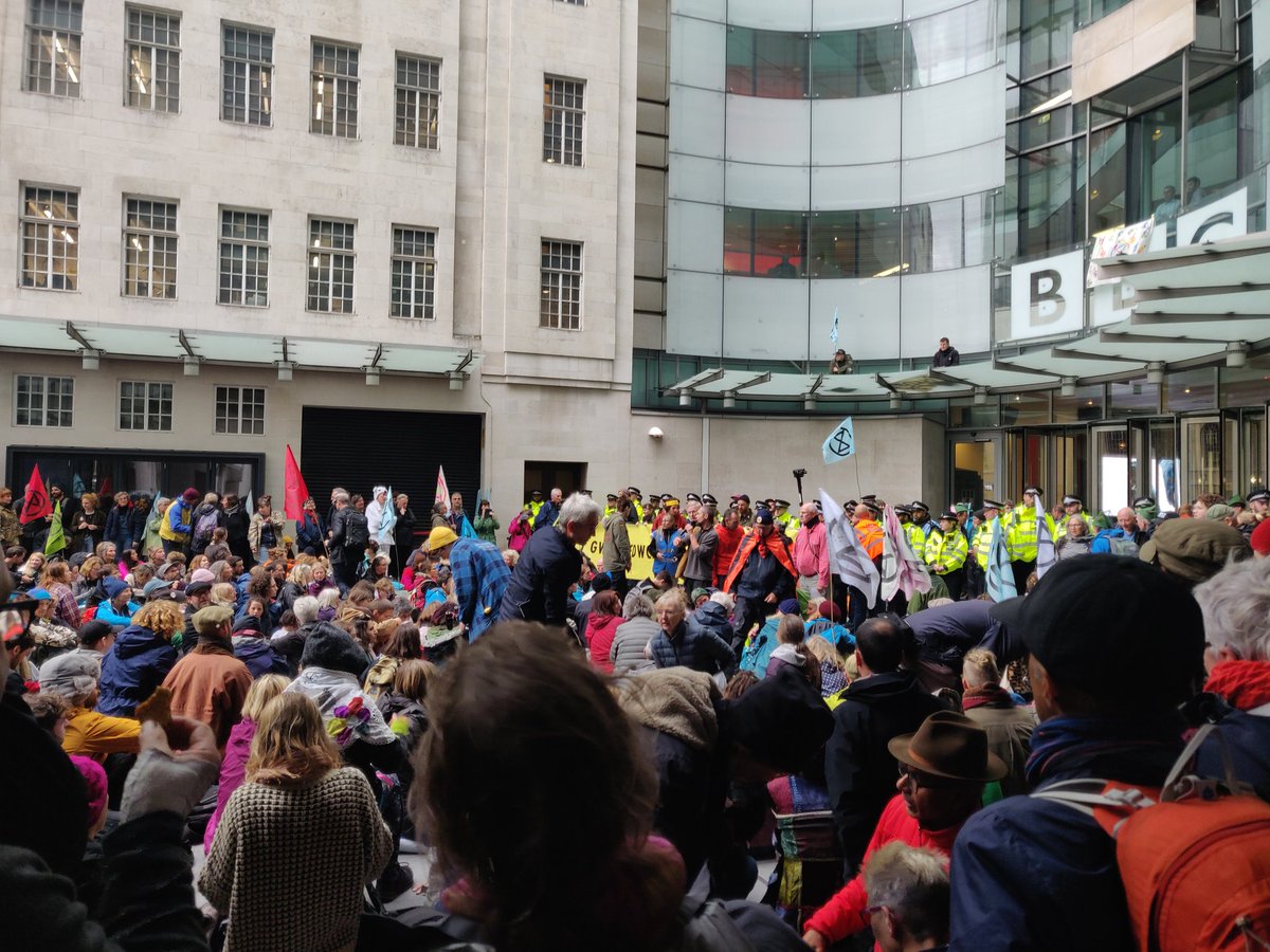 We're down at the BBC and refusing to move until someone senior from the organisation comes to talk and give us a plan for how they will better report on the Climate Emergency in the future.

#ExtinctionRebellion