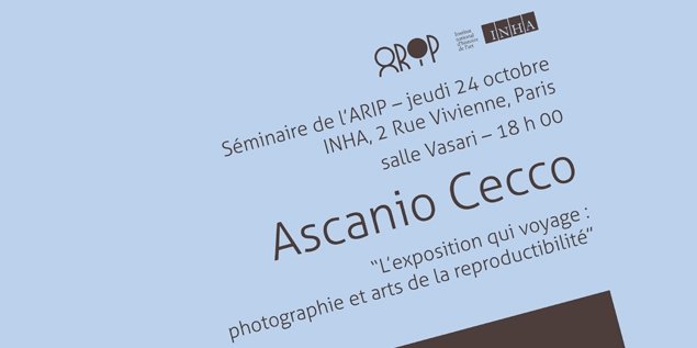 Séminaire "Photographies en expositions" de l’ARIP
“L’exposition qui voyage : photographie et arts de la reproductibilité”, par Ascanio Cecco, Doctorant <a href="/LettresUNIL/">Lettres UNIL (Inactif)</a>  
Jeudi 24 octobre à 18h <a href="/INHA_Fr/">INHA</a> 
bit.ly/313oEDn