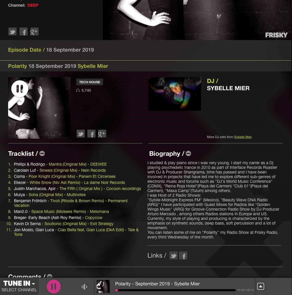SybelleMier's tweet photo. Have you #Listen the latest Episode of #Polarity by @friskyradio we got great music of @fatnotronic @CarolainLuf @dj_coma #Eliezer #JustinMarchacos #Mulya @b_f_froehlich #Man2.0 @AshRoy_ #KevinDiSerna @MostoJon thanks for your love & support! https://t.co/wiKRRqncZm https://t.co/WMYpf3lSsn