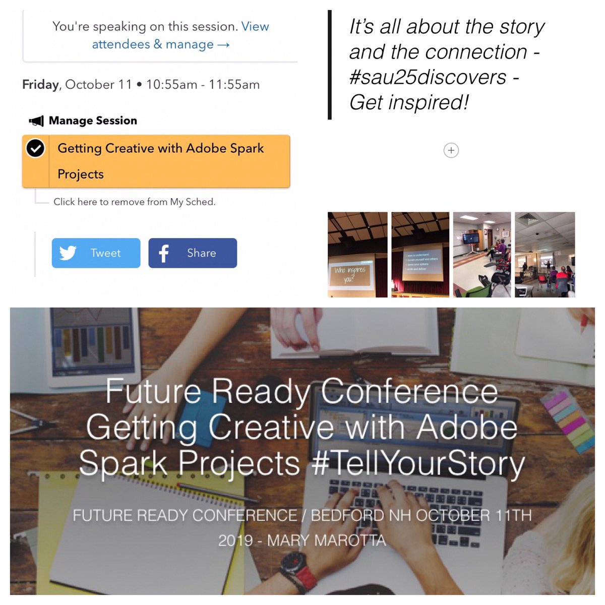 mmarotta's tweet photo. Join me at #sau25discovers I’ll be showcasing @AdobeSpark I am literally adding earlier sessions to the presentation on my phone to tell today’s story! They are talking about #rotationstations & #flexibleseating lots of staff discussing shared space @FoleyProcko @csheil https://t.co/cZfwweJlfv