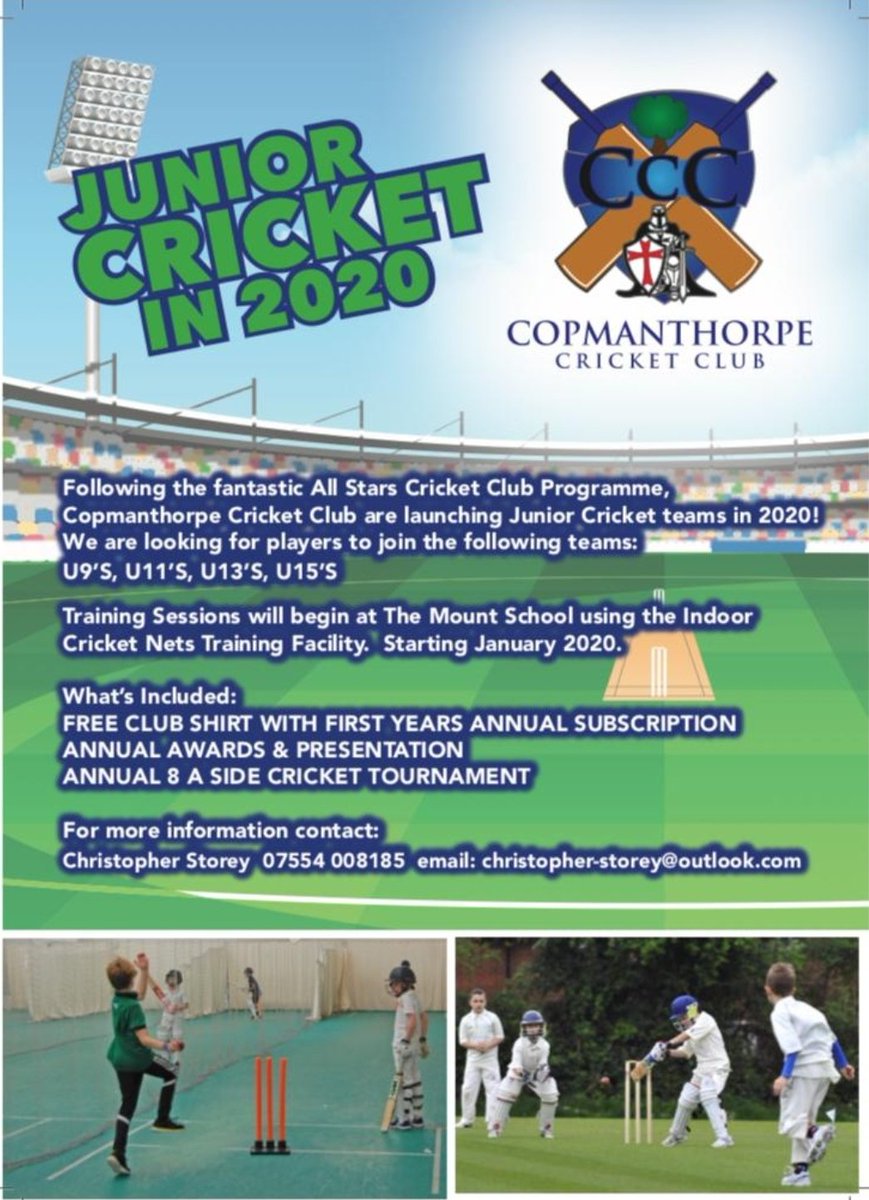 copmanthorpecc's tweet photo. Junior cricket coming 2020! Please spread the word @CopmanthorpeSch @CopmanthorpePC @CopmanWard  @rachhildrethYCB @YorkshireCCC @copcarnival @Coptoberfest https://t.co/z8vnfKfvhT