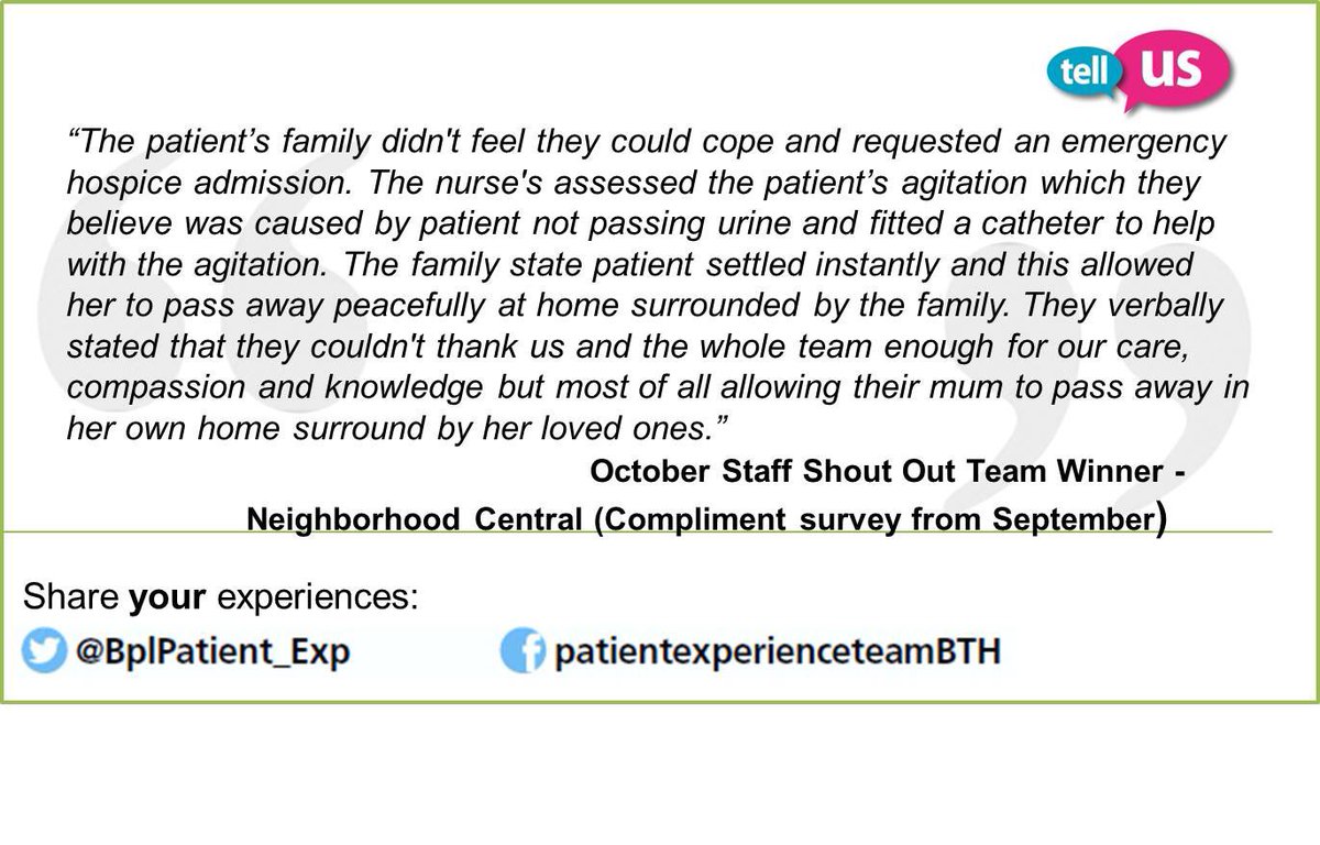 October has been a fantastic month for feedback, this month has given us 2 winners for the Staff Shout Out team award:
ICU
Neighbourhood Central. 
Well done to both teams!
#BTH #TogetherWeCare #SmilesGoMiles #StaffShoutOutAward 
@BlackpoolHosp @BTHUCD @BTH_ALTC