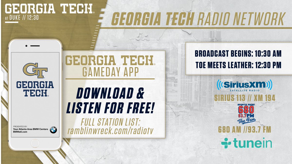 Georgia Tech Sports (@GTAthletics) on Twitter photo 2019-10-12 14:30:00 Pre-game coverage for today’s @GeorgiaTechFB game is now live on the Georgia Tech Sports Network and 680 AM/93.7 FM The Fan. Kickoff at Duke at 12:30pm. #GTvsDUKE How to listen: 📱buzz.gt/gamedayapp19 📻 buzz.gt/fb-radio 💻 buzz.gt/liveaudio Pre-game coverage for today’s @GeorgiaTechFB game is now live on the Georgia Tech Sports Network and 680 AM/93.7 FM The Fan. Kickoff at Duke at 12:30pm. #GTvsDUKE How to listen: 📱buzz.gt/gamedayapp19 📻 buzz.gt/fb-radio 💻 buzz.gt/liveaudio