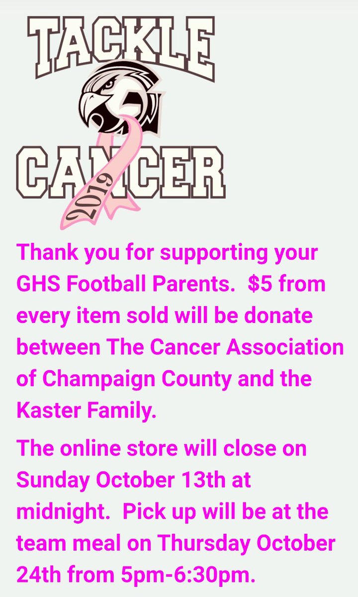 …aham-tackle-cancer-2019.itemorder.com/sale 
Get your orders in by midnight this Sunday (10/13) to have your shirts for the Pink Out game on Oct 25th. ($5 from each shirt will be divided between the Kaster family + The Cancer Association of Champaign County) Thank you for your support!! 🏈❤🏈