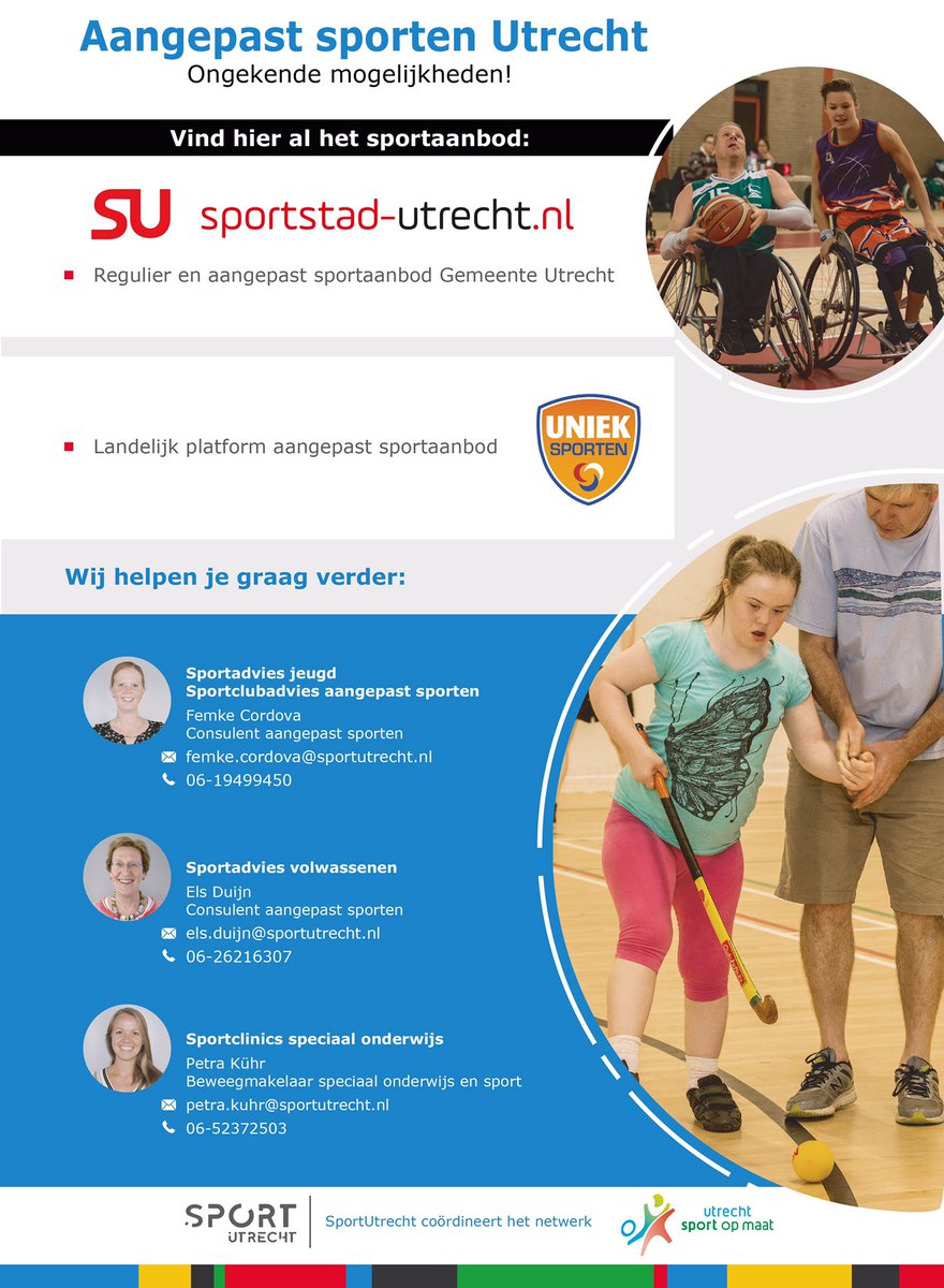 Voor al uw vragen over aangepast sporten kunt u terecht bij onze collega’s Femke, Els en Petra van <a href="/Sport_Utrecht/">SportUtrecht</a> #bewegen #sporten #beperking