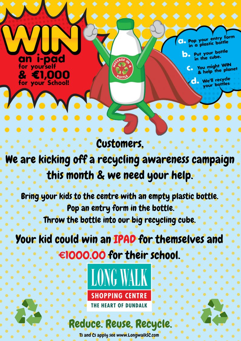 This weekend, don't throw out your empty plastic bottles 🧴🧴🧴. Put your kids name and school on a piece of paper, put it in the bottle and bring it to the Longwalk Shopping Centre 🛒🛒🛒 to enter our Recycle and Win Competition ♻️♻️♻️ .  It's Easy and Fun and Worthwhile. 🎉🎉🎉