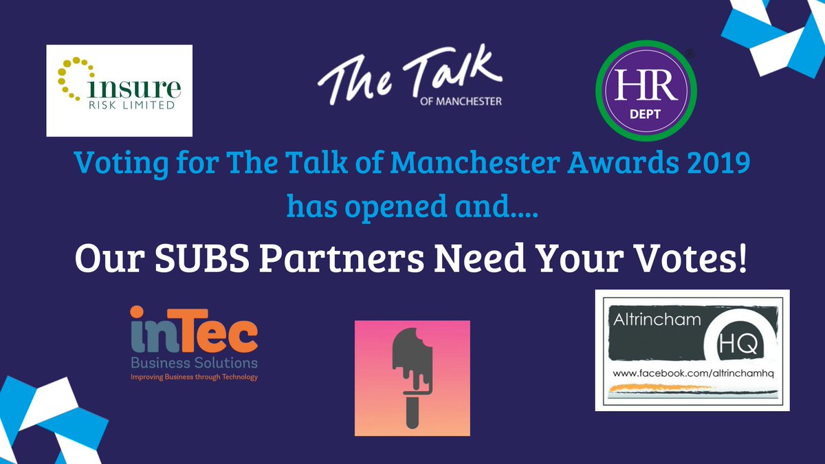 The Talk of #Manchester Awards are just around the corner

Some of our SUBS Partners are nominated, please consider giving them your vote!

#8 <a href="/InsureRiskLtd/">Insure Risk Ltd</a>
#14 @Popsicle_Vid
#21 <a href="/altrinchamhq/">Altrincham HQ - Social Media Marketing in Manc</a>
#23 @InTecBusinessSo
#31 @JillBottomley1

Vote Here: ow.ly/V3fG50wIDfw
#TheToms