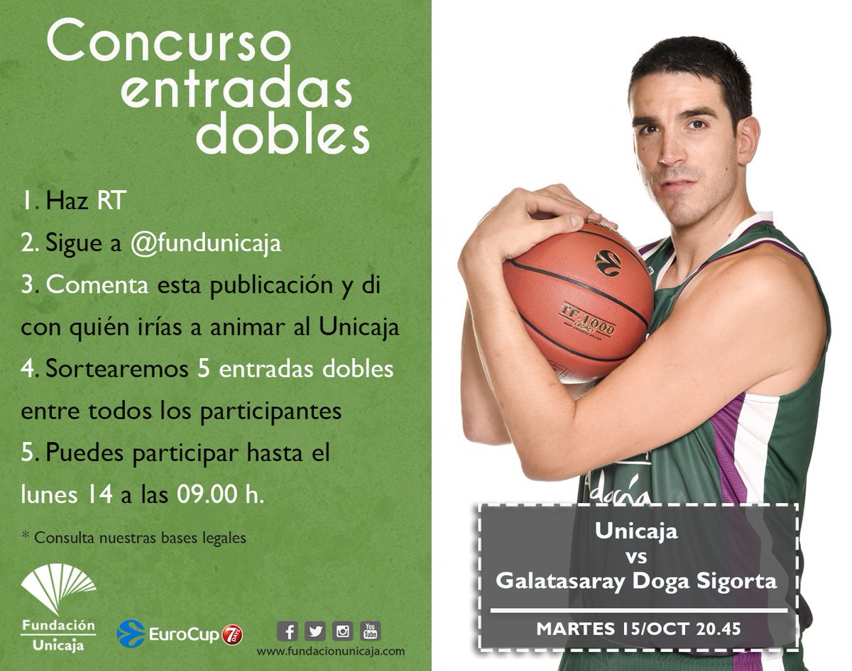 FundUnicaja's tweet photo. ¡Nuevo #concurso! En juego, cinco entradas dobles para el partido del @unicajaCB  vs Galatasaray Doga Sigorta que se jugará el martes día 15. Solo tienes que comentar, retuitear y seguir nuestro perfil de @FundUnicaja. Participa hasta el lunes 14 de octubre. ¡¡Suerte!!
#balocesto https://t.co/V8hkrA9z0H