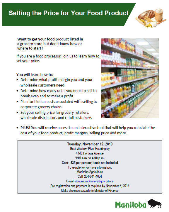 MBGovAg's tweet photo. Do you want to get your product listed in a grocery store, but not sure what price your product should be? Attend the Setting the Price for Your Food Product workshop on November 12, 2019 to learn how! https://t.co/pTP4noXJU7 https://t.co/wHNQcZPDf9