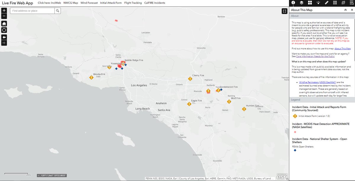 Recent fire reports across SoCal on a map with traffic and open shelters. Map: arcg.is/1znSzf 

#SaddleRidgeFire #SandalWoodFire #RecheFire are already active today. Remember this is not an evacuation map and should not be used in this manner. Follow local agency orders.