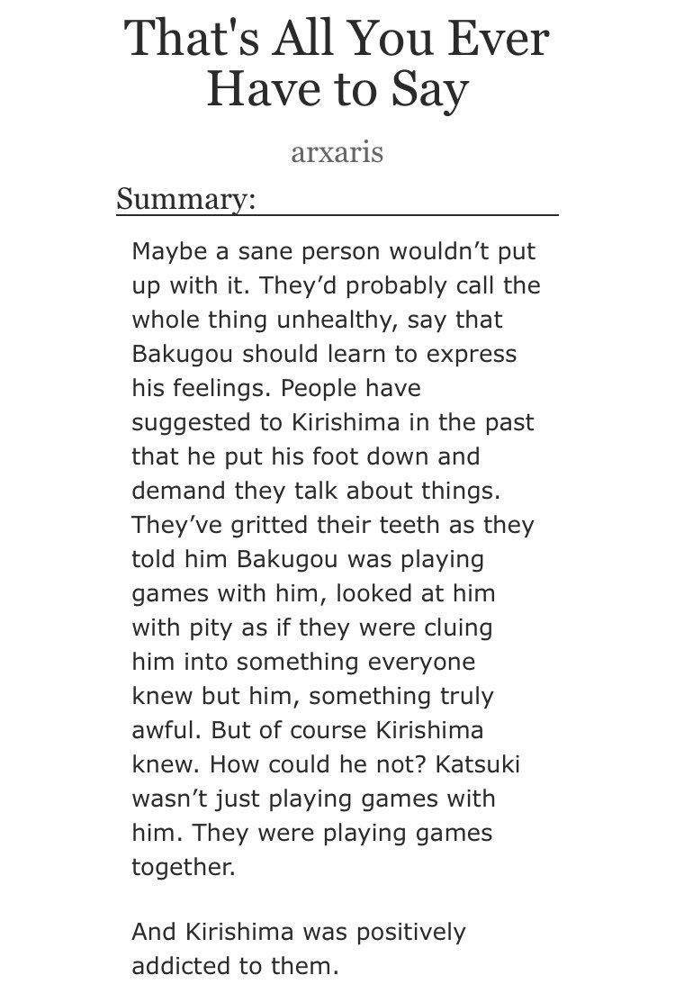 That’s All You Ever Have to Say (10.2k)Rating: ETags: sugar daddy!kirishima, light dom/sub, collars, praise kink, daddy kink  https://archiveofourown.org/works/19153039 