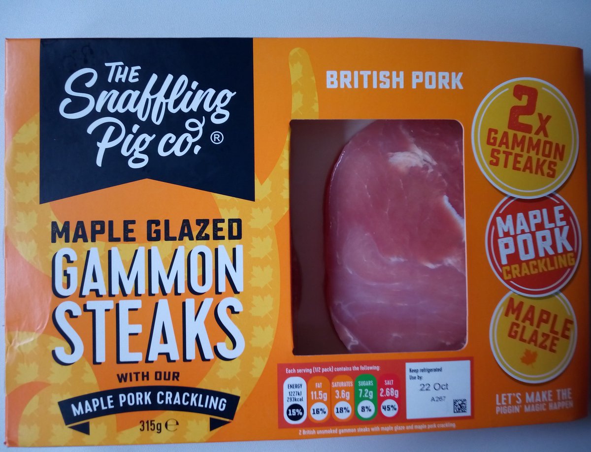 Looking forward to cooking this up for dinner tonight @SnafflingPigCo @tesco #maplecured #gammonsteaks #porkcrackling