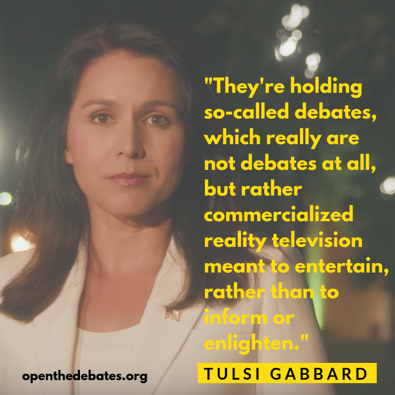 OpenTheDebates's tweet photo. Hey look, a small-d democrat!
Thanks for saying what needed to be said, @TulsiGabbard!
#OpenTheDebates #ElevateTheDebates #InnovateTheDebates... #BoycottTheDebates? https://t.co/ERB8RAPt2B