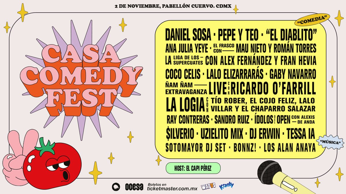 casacomedytv's tweet photo. El 2 de noviembre es el #CasaComedyFest y tenemos un cartel lleno de risa, baile y risa que va a destruir el Pabellón Cuervo del Palacio de los Deportes.

Compra tus boletos:
✌️✌️https://t.co/08PRS6epfK https://t.co/DUvDBUHM5C