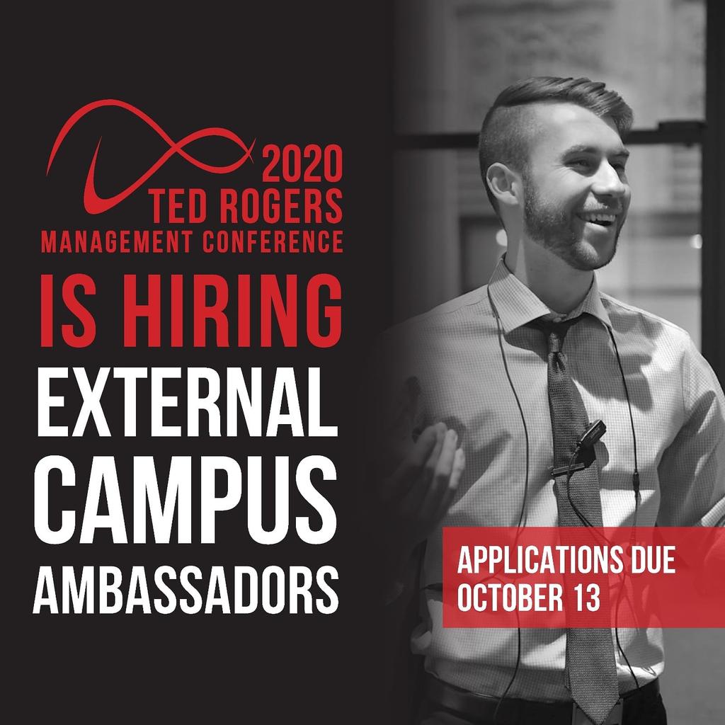 The @RyersonTRMC is now hiring External Campus Ambassadors for their 2020 conference in Toronto!

Application link: forms.gle/UkGx1faeqf5ZSB… 

Please submit your application by Sunday, October 13th at 11:59PM and send your resume to info@ryersontrmc.ca !