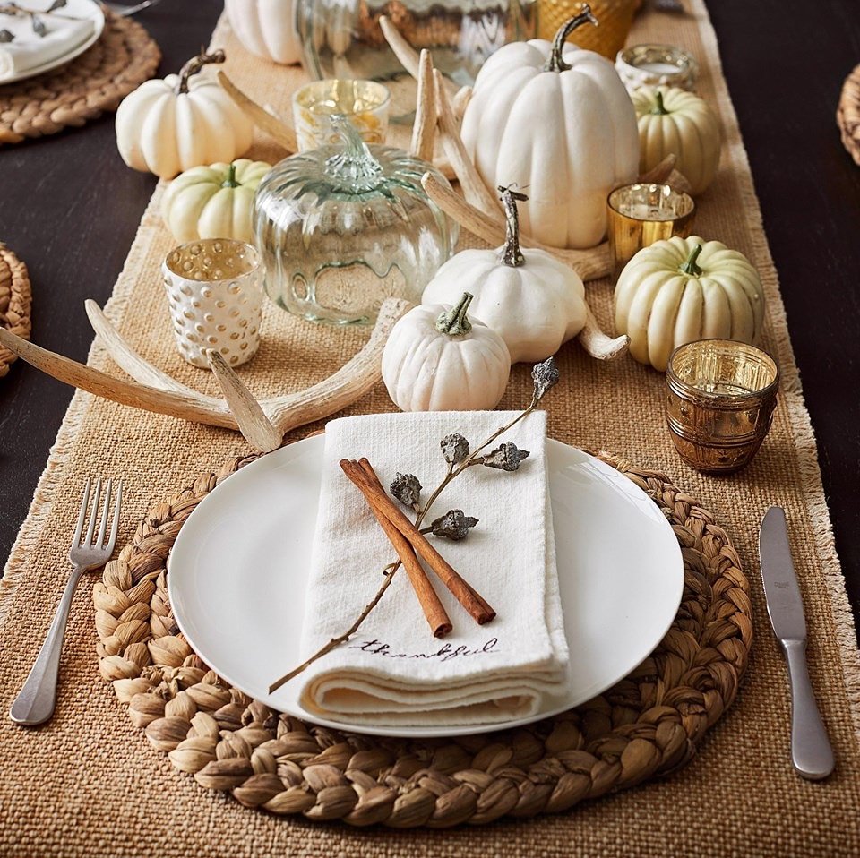 Beautiful #Thanksgiving #tablescape inspo #whitepumpkins #burlaptablerunner #mercuryglass #homedecor #yourhalifaxhomestager