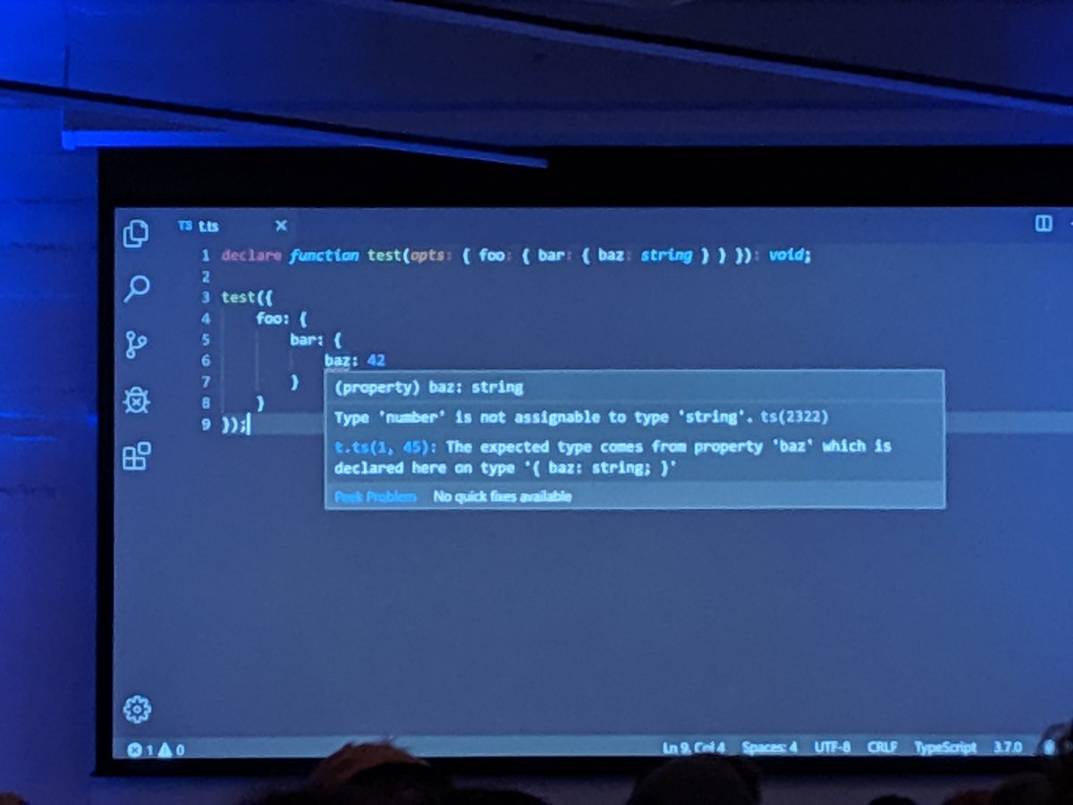 drosenwasser's tweet image. Not sure if I've mentioned this but we made some of the errors better. #TSConf #TypeScript