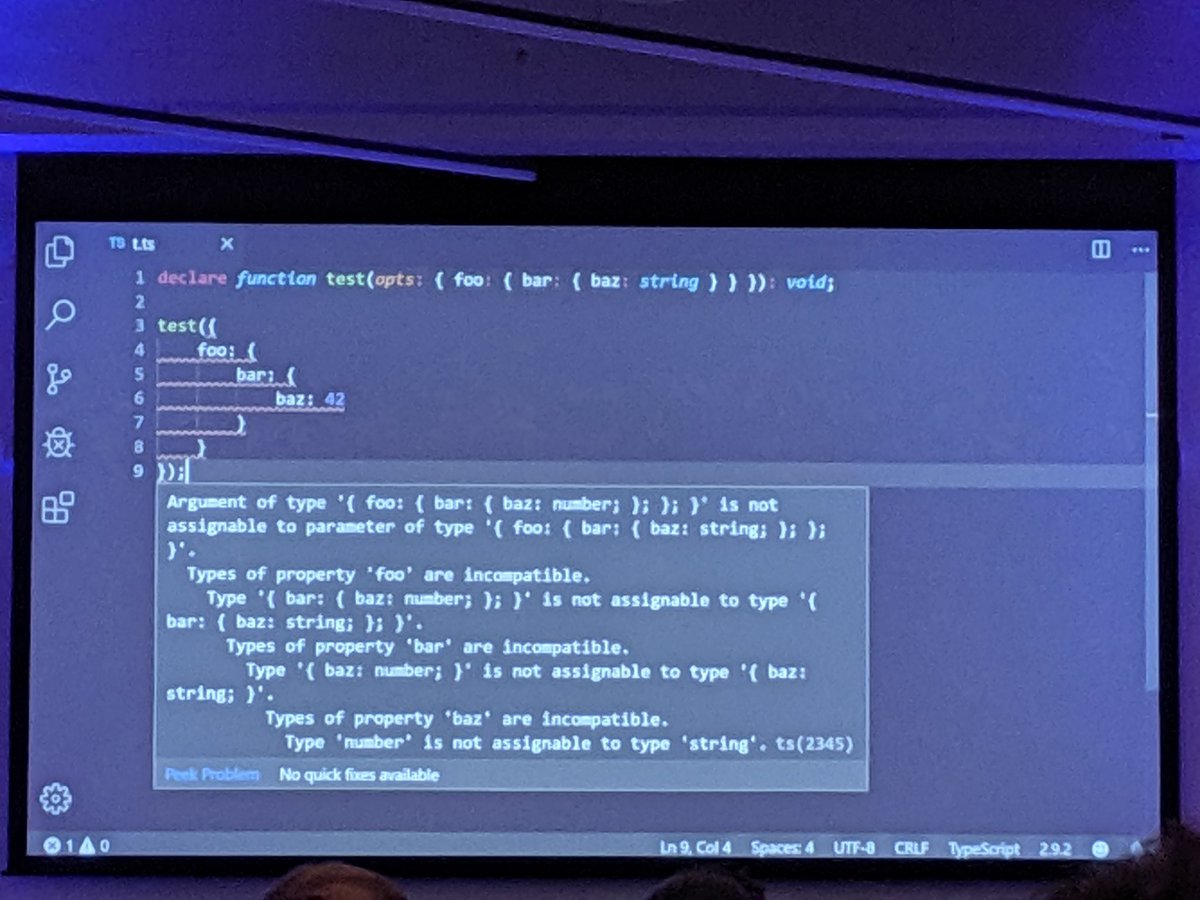drosenwasser's tweet image. Not sure if I've mentioned this but we made some of the errors better. #TSConf #TypeScript