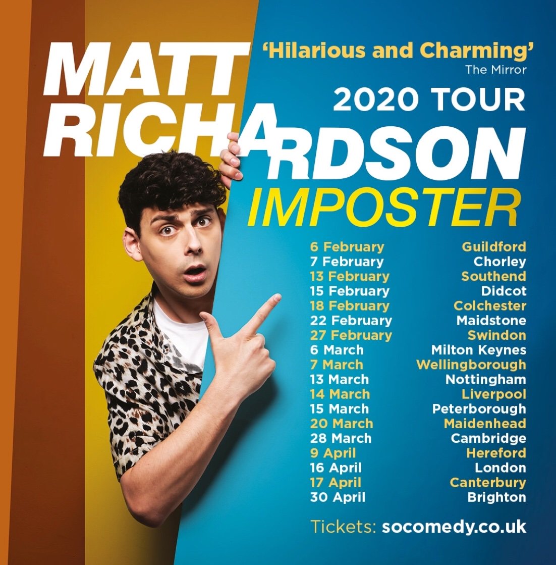 On sale NOW - <a href="/MattRichardson3/">Matt Richardson</a> Spring 2020 Tour. Visit socomedy.co.uk for info &amp; to buy your tickets today! <a href="/BlueBook_AM/">Blue Book Artist Management</a> <a href="/bknrobot/">Broken Robot Productions</a> <a href="/chortle/">Chortle Comedy</a> <a href="/seetickets/">See Tickets</a> <a href="/BritishComedy/">British Comedy Guide</a>
