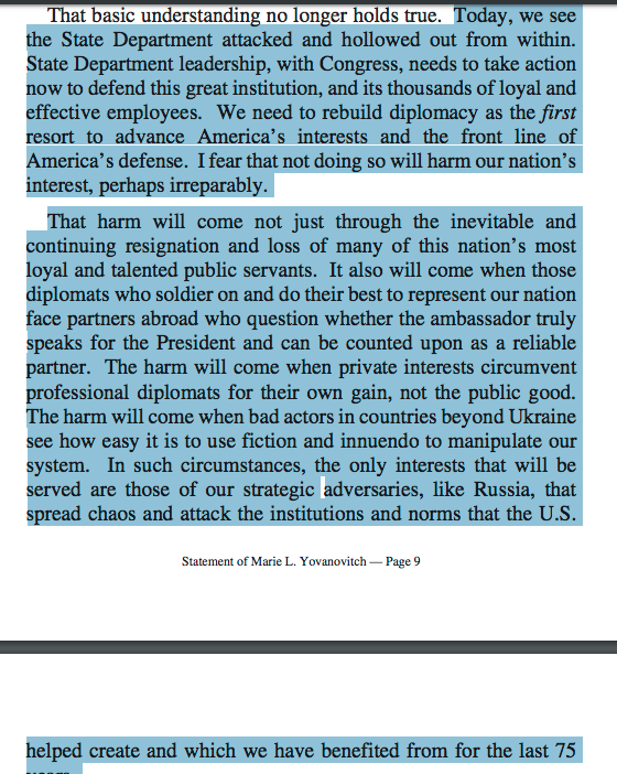 I don't say this lightly: every American should take the time to read these two paragraphs from Amb Yovanovitch's testimony to understand how corrupt interests have captured and poisoned our government and destroyed institutions like the State Department along the way.