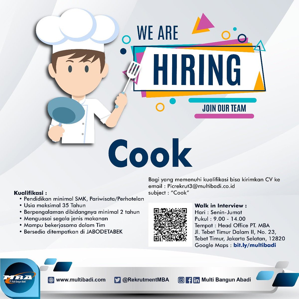 RekruitmentMBA's tweet photo. Saat ini PT Multi Bangun Abadi sedang bekerja sama dengan salah 1 perusahaan E-Commerce/Start Up di Indonesia untuk posisi COOK, SPV COOK , dll.

Bagi yang sesuai kualifikasi ikutan yukk Walk In Interview kita pada hari Senin 14 Okt 2019 start pukul 08.00 - 15.00 https://t.co/OgiNkzt7iS