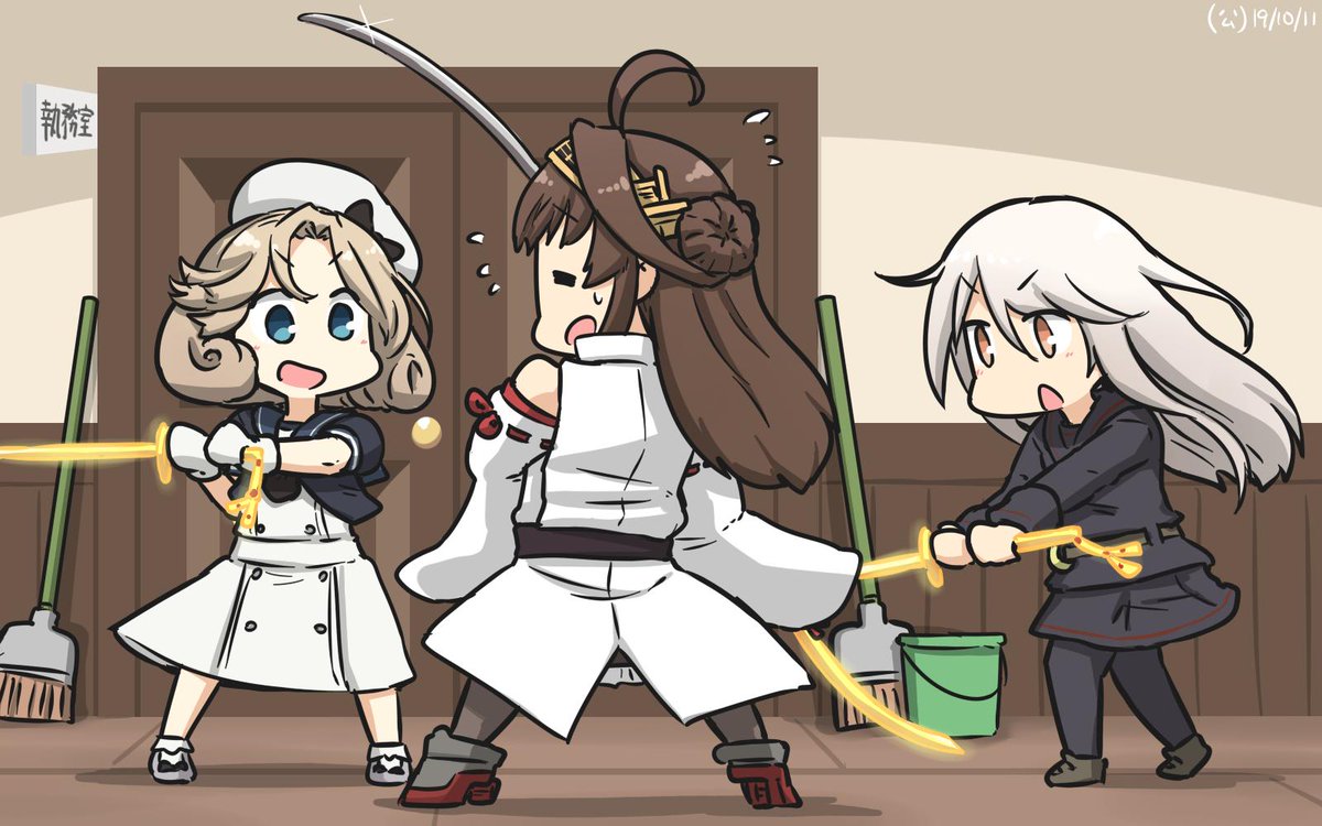 kikuzuki (kancolle) ,kongou (kancolle) 3girls multiple girls long hair headgear ahoge sailor collar white gloves  illustration images