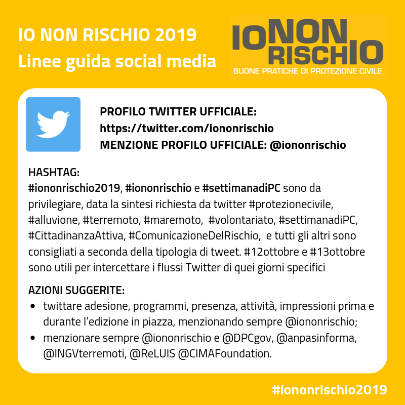 iononrischio's tweet image. 🥁È quasi tutto pronto! 💪Supporta anche tu la campagna #iononrischio2019 sui tuoi canali social! Ecco alcune importanti linee guida ⬇️
#settimanadiPC 
@DPCgov @Anpasnazionale @INGVterremoti @ConsorzioReLUIS @CIMAFoundation @AbiliProteggere