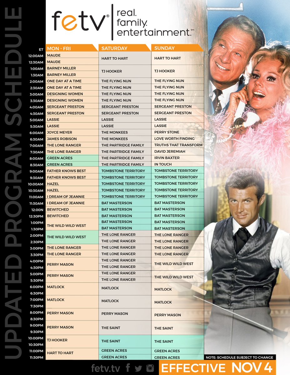 Fetv Fall Schedule 2022 Fetv On Twitter: "A Fresh Fall Schedule Begins Monday, November 4Th! All  Times Eastern. ✓#Greenacres Weekdays At 8A Et And Weekends At 11P Et!  ✓Additional Hour Of #Thewildwildwest At 2P Et Weekdays!