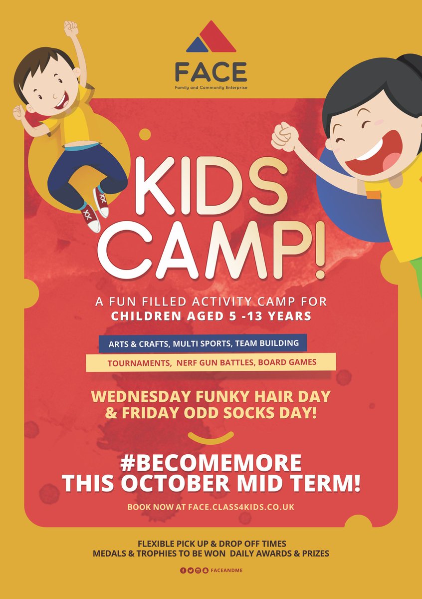 faceandme's tweet photo. OCTOBER MID TERM KIDS CAMP #blackburn π₯πβοΈ
https://t.co/WnQA2Af0PY for all information and to #register
#becomemore #tomorrowtoday #faceandme https://t.co/L9lsanoDTa