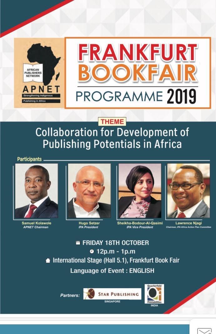 AfricanApnet's tweet photo. APNET Programme to attend with great speakers in the publishing Industry at the Frankfurt Book Fair https://t.co/J5sOAi8os7