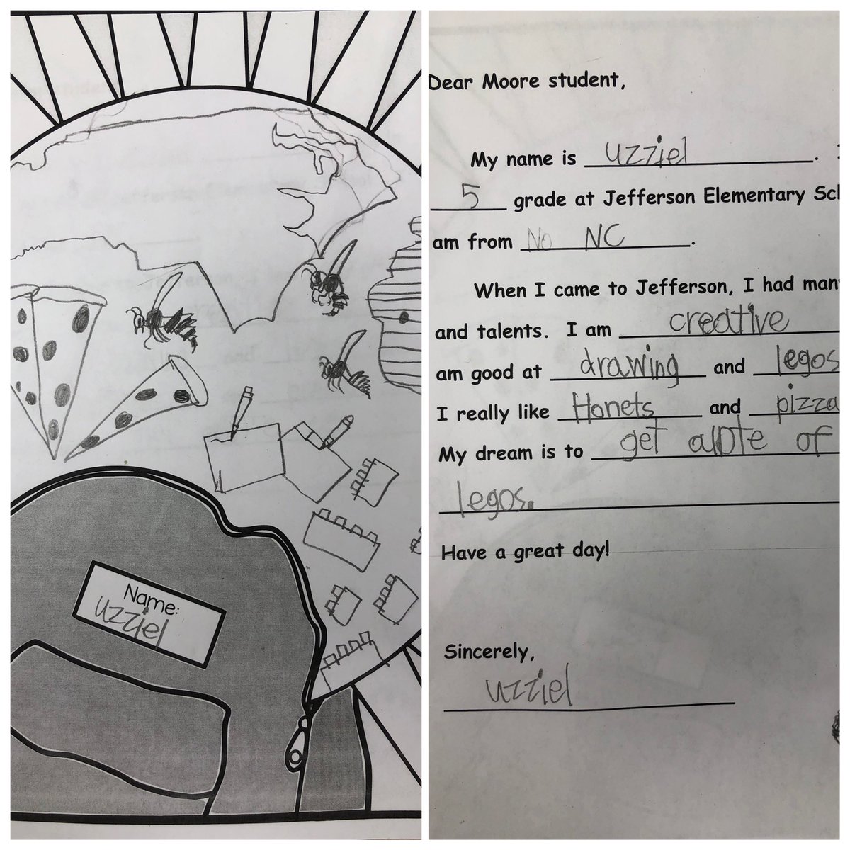 Here is a better picture of our Global Read aloud penpal project. We learned that not only do we carry things we need and want with us when we immigrate, but we also carry our gifts and talents. <a href="/JeffersonElemWS/">Jefferson Elementary</a>