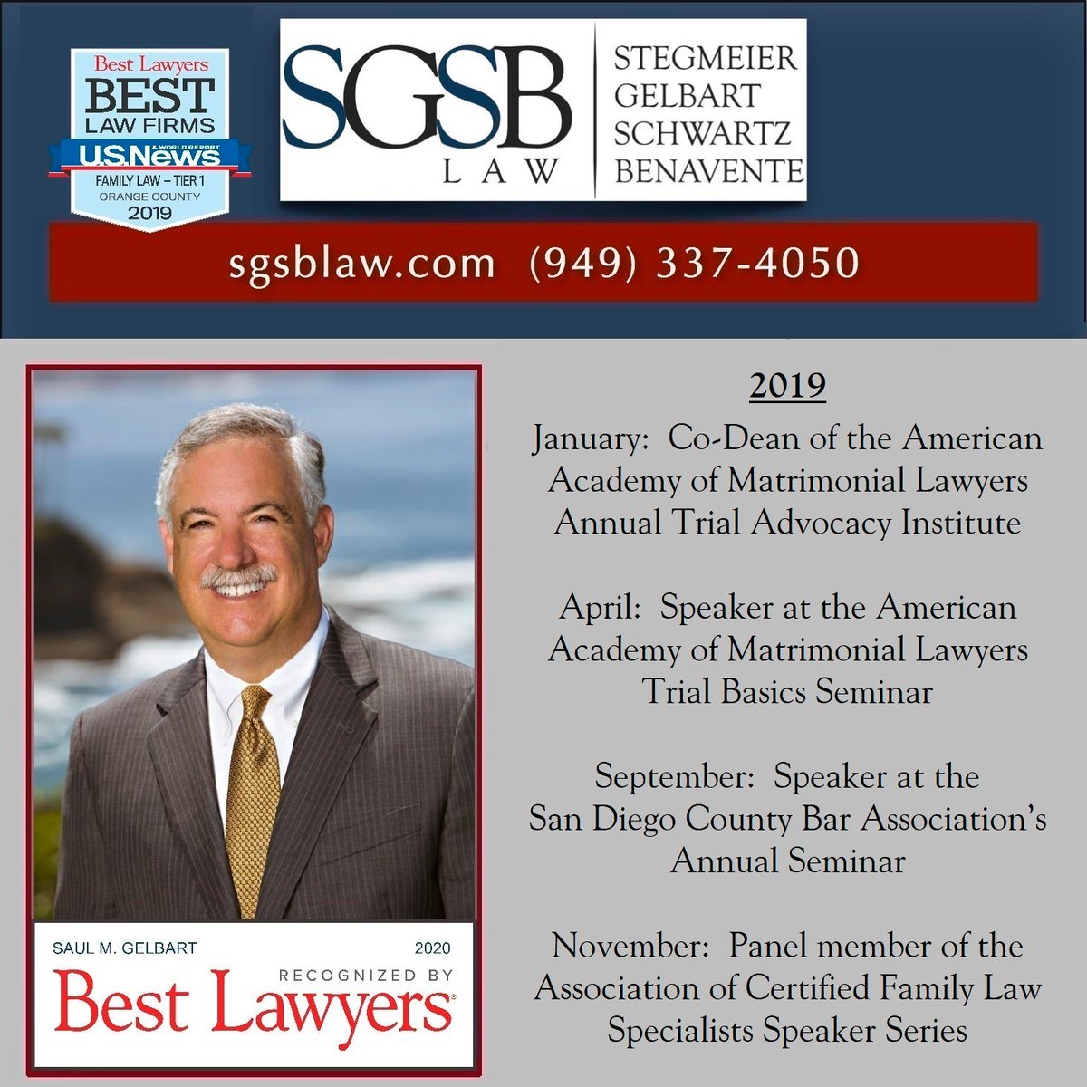 SGSBfamilylaw's tweet photo. Founding partner, Saul Gelbart, stays busy not only with some of the toughest family law cases, but also with speaking engagements:
#FamilyLaw #AAML #SDCBA #ACFLS #OCBA #Trial #Litigation https://t.co/RefLCILFyC