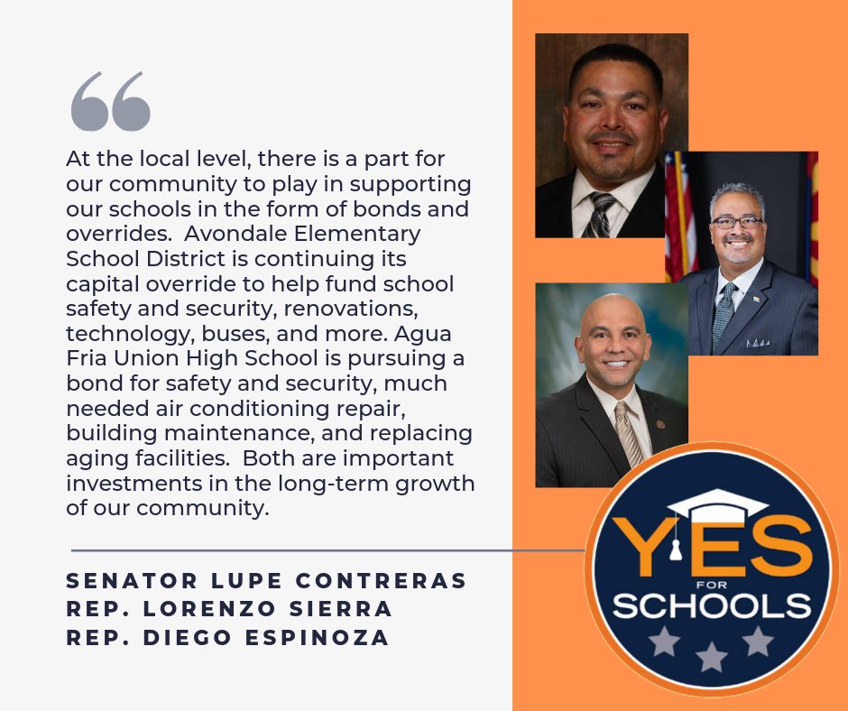 ctquality's tweet photo. Senator Lupe Contreras, @Sierra4AZ, & @espinozadiego19 understand that the @AvondaleESD Override & the @AFUHSD216 Bond are valuable #investments that will support long-term #growth in our communities. Join them in voting #YesforSchools! https://t.co/KfxufrXSoG