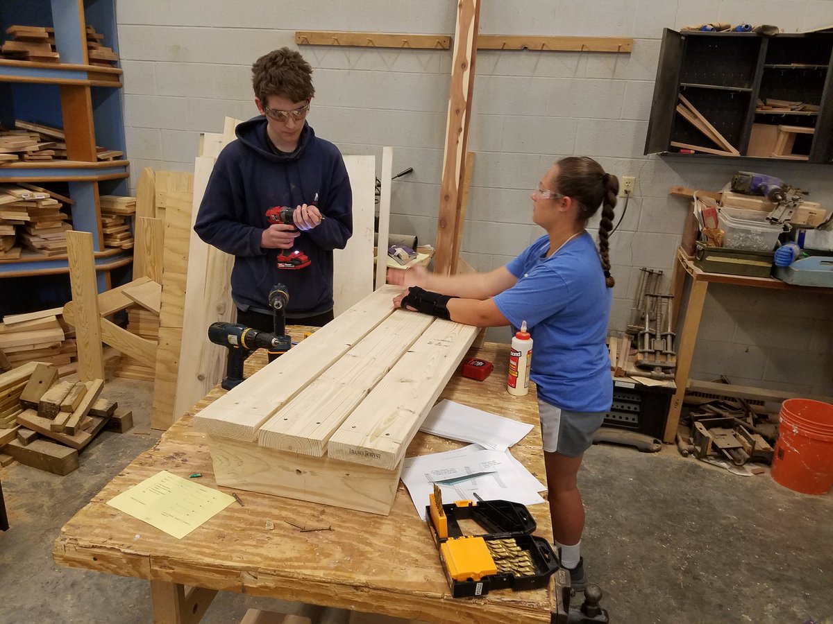 GeometryIn's tweet photo. Bench/Picnic Tables are being painted and assembled in GIC class.  #ahstrojanfam https://t.co/VZnUVSOOYG