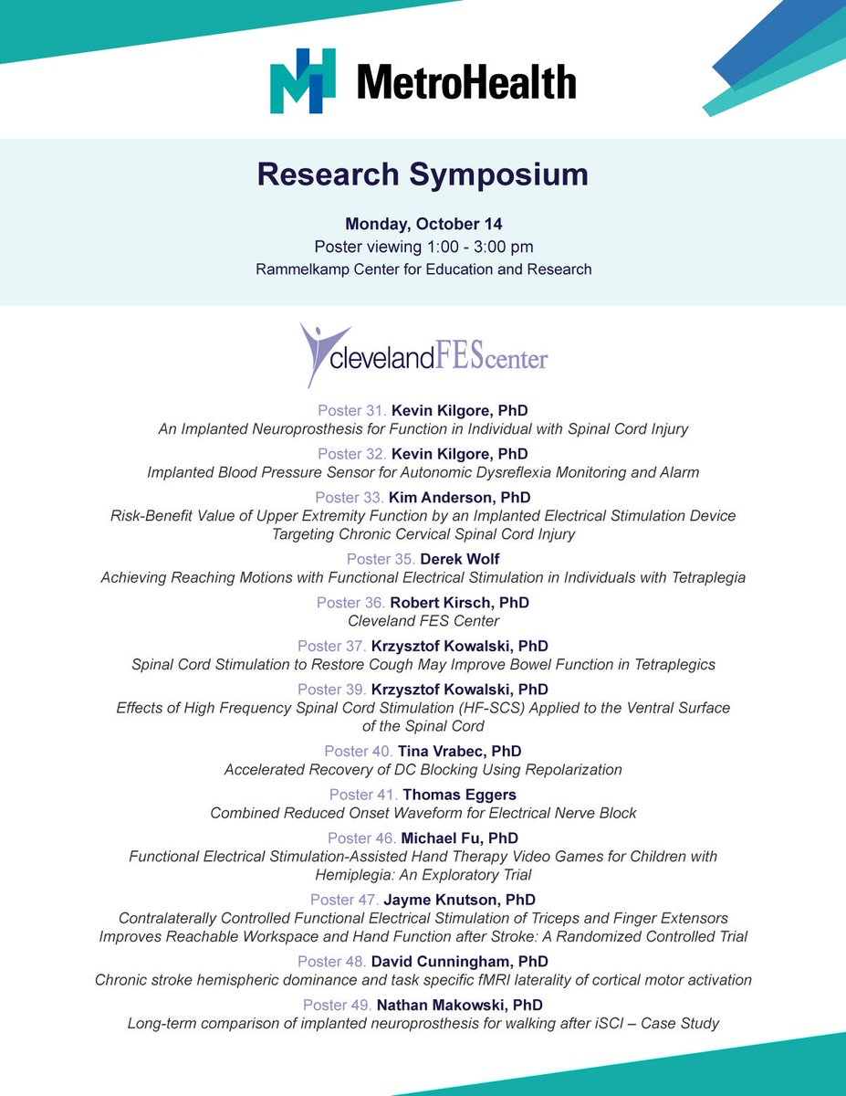 ClevelandFES's tweet image. Learn about 14 of our research projects at the 2019 @metrohealthCLE Annual Research Day! 

#SpinalCordInjury #AutonomicDysreflexia #Tetraplegia #VideoGameTherapy