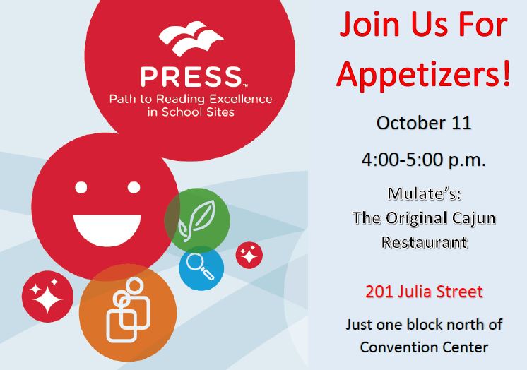 PathtoRead's tweet photo. Join @LoriHelman and @Sheerbrook for appetizers and discussion about university-school partnerships and professional learning!  Stop by Mulate's at 4-5 PM today and ask for the PRESS table! #ILA19 https://t.co/z963HLFwFI