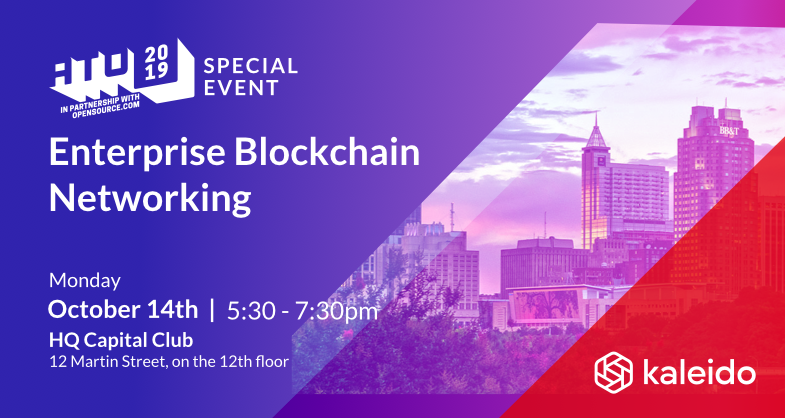 Kaleido_io's tweet photo. Calling all #blockchain enthusiasts: @Kaleido_io is hosting an @AllThingsOpen special edition #MeetUp on Mon 10/14 at 5:30pm @HQRaleigh (Martin St). Get to know the team and grab some drinks on us! RSVP: https://t.co/1hIn0iByc3

#raleigh #allthingsopen #RTPevents #opensource https://t.co/Gztv0Cgmzy