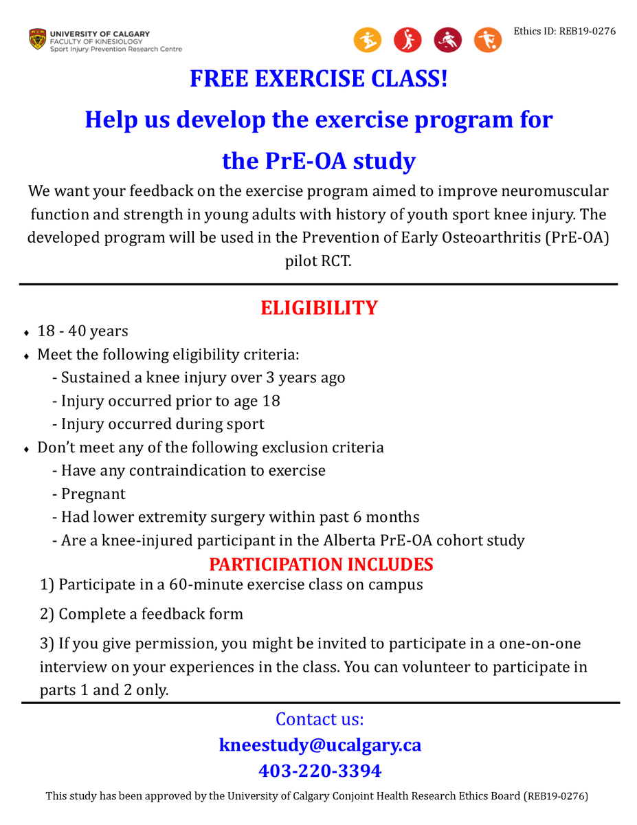 TeamOAKnee's tweet photo. Help us develop the exercise program for the @SIPRC_  Prevention of Early Osteoarthritis study! 
#PrEOA https://t.co/0beeO2BAZW