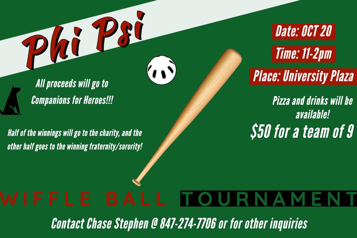 Phi Psi philanthropy wiffle ball tournament Oct 20-21! $50 a team!