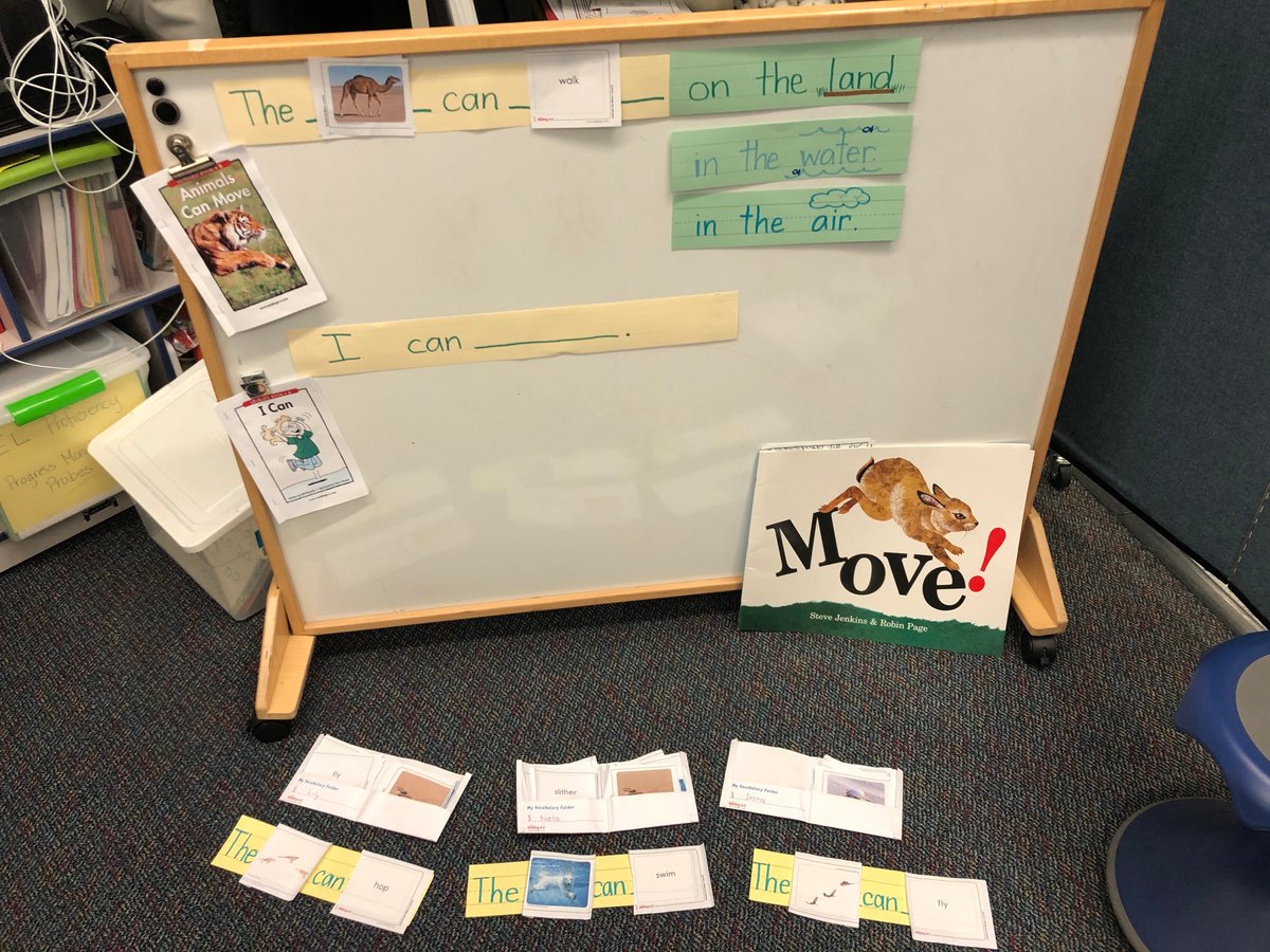 Great few days working with Level 1 & 2 ELs. Supporting content and language goals. Preteach vocab for 'Move!', then used leveled text +picture vocabulary and sentence frames. Started with answers like 'It goes' By Friday 'The polar bear can swim in the water.' #106learns