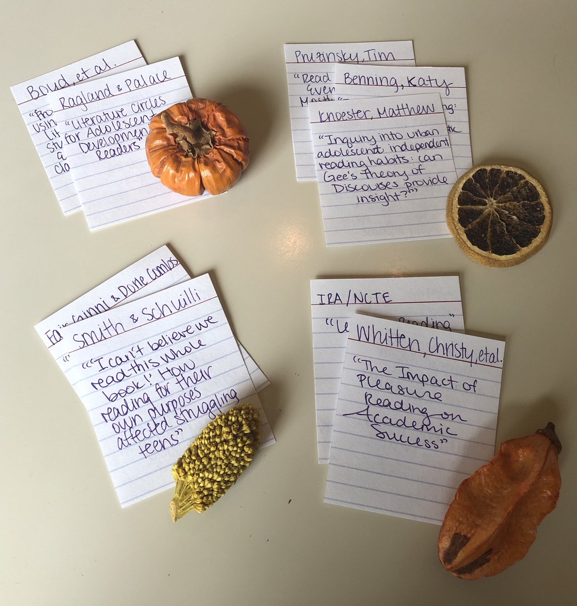 GilletteCarly's tweet photo. #TSUEngMAE Happy Midterm Break everyone! Working on my lit review...  just separated all my annotations into 4 themes. My strategy was to write my sources out on notecards &amp; add key words/phrases. Then I just played a little matching game to see what went well with what! https://t.co/vGGdEyLzVi