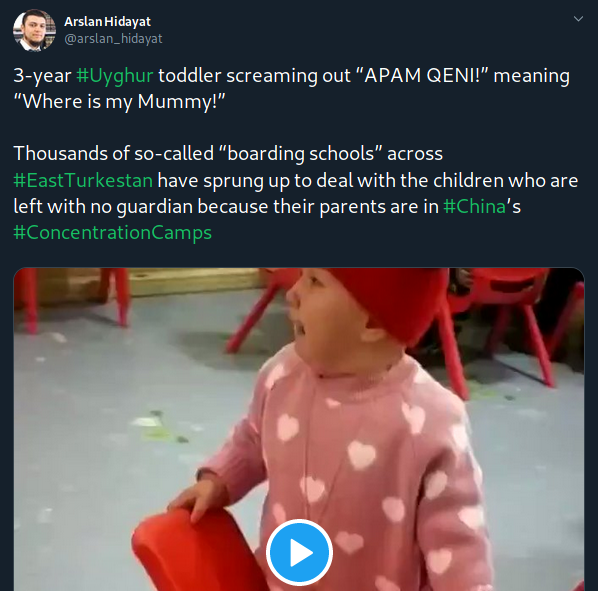 Normal video of a toddler crying in a preschool becomes "this child is crying because China stole their parents." Only one reason that kids cry for their parents at preschool/daycare of course.