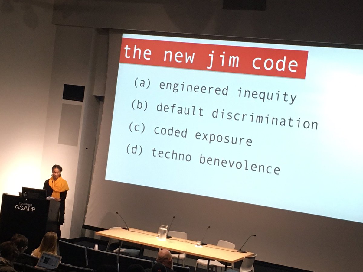 ColumbiaGSAPP's tweet image. Ruha Benjamin @ruha9’s &quot;new jim code&quot; concept explores discriminatory designs that encode inequity #raceaftertechnology #digitalurbanisms #keynote