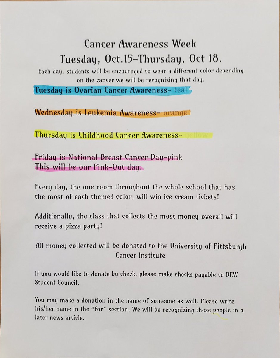 As a reminder, our Cancer Awareness week will start on Tuesday, October 14th.