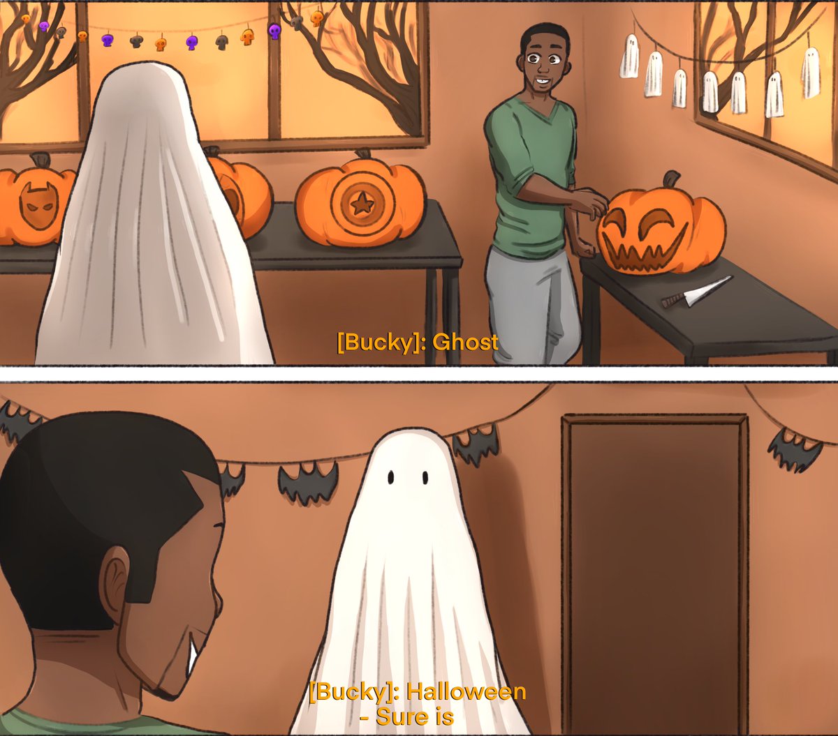?Bucky does his best to celebrate Halloween? 
#FalconAndWinterSoldier 