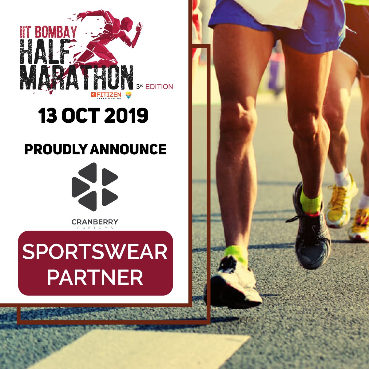Mahalak22287116's tweet photo. IIT Bombay Half Marathon 2019 & Fitizen India are proud to announce its association with ' @cranberrycustom ' as the official " Sportswear Partner ".
#IITBHM #IITBombay #Running #Marathon #SportswearPartner #SportsWear #CranberryCustoms https://t.co/DEZpYylHFZ