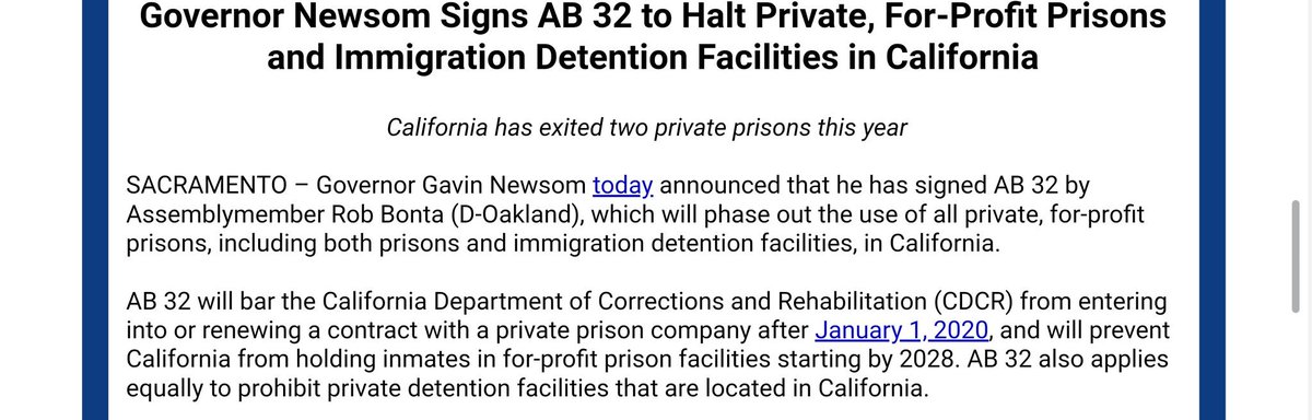 Just Now: <a href="/GavinNewsom/">Gavin Newsom</a> signs AB32 to stop private, for-profit prisons and immigration detention facilities in California.
