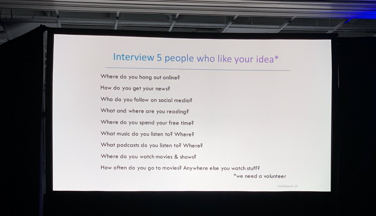 ottfestival's tweet photo. Curious how to find and engage fans? We're in the @seedandspark workshop learning about just that! Have an idea? Interview 5 people who like your idea and ask them these questions. #OTTFest19 https://t.co/FpZtfMYb8d