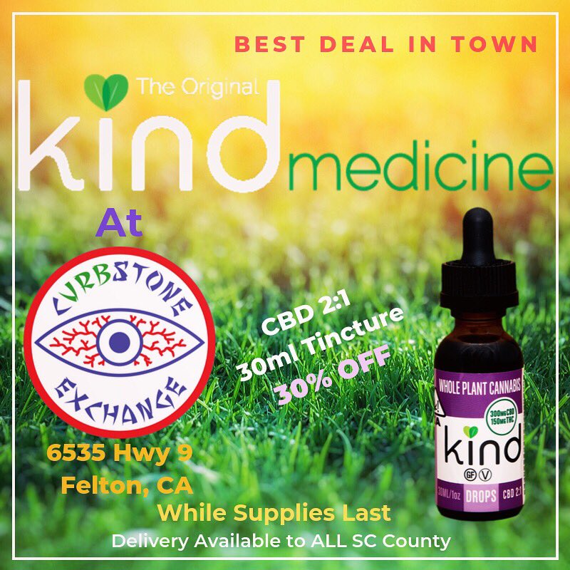 Why_Kind's tweet image. CBD 2:1 tinctures on sale for 30% off at Curbstone. Delivery to ALL of Santa Cruz county. #marijuana #thc #CBD #holistichealing #discount #promo #selfcare #sale  #dontmissout #bestdeals #felton #santacruz #bayarea #tincture #kinddrops #positivevibes #delivery #cbdhealth #bekind